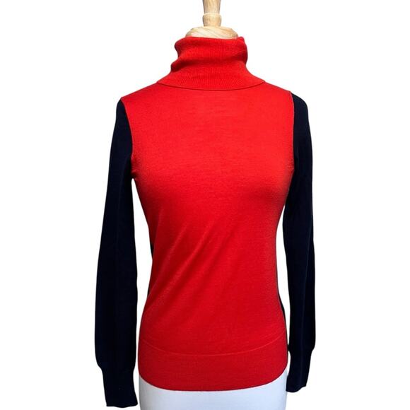 J. Crew 100% Merino Wool Red Navy Colorblock Y2K Turtleneck Sweater Women’s M - Picture 1 of 7